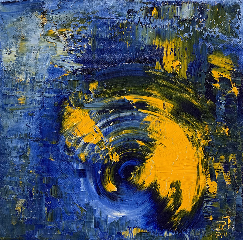 Картина маслом на холсте в голубых и желтых тонах Зимняя симфония 2021-5